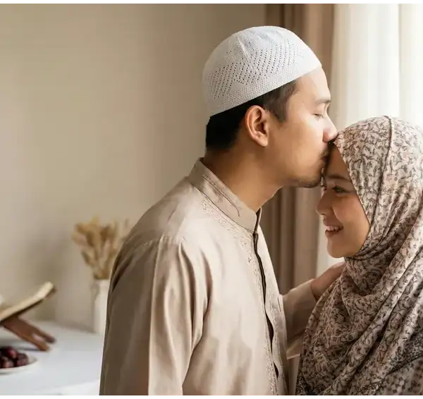 Home 3 Seorang suami Muslim mencium kening istrinya dengan sopan sebagai bentuk kasih sayang yang mubah saat puasa Ramadhan.