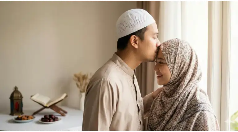 A Muslim husband respectfully kisses his wife's forehead as a permissible (mubah) form of affection during the Ramadan fast.