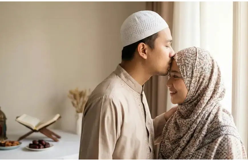 Home 7 Seorang suami Muslim mencium kening istrinya dengan sopan sebagai bentuk kasih sayang yang mubah saat puasa Ramadhan.