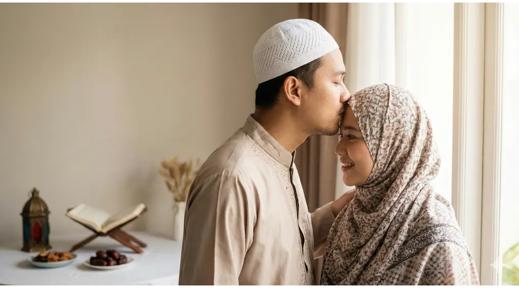 Seorang suami Muslim mencium kening istrinya dengan sopan sebagai bentuk kasih sayang yang mubah saat puasa Ramadhan.