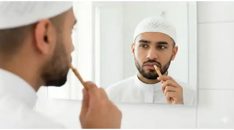 Seorang pria Muslim sedang membersihkan mulut dengan siwak sambil bercermin, ilustrasi menjaga kebersihan mulut saat puasa.Seorang pria Muslim sedang membersihkan mulut dengan siwak sambil bercermin, ilustrasi menjaga kebersihan mulut saat puasa.