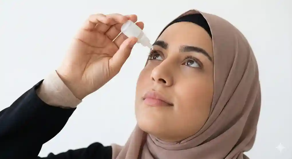 Apakah Suntik, Infus, dan Obat Tetes Membatalkan Puasa? Bedah Tuntas Kaidah Masuknya Benda ke Rongga Tubuh 3 Seorang wanita berhijab meneteskan obat tetes mata ke matanya dengan hati-hati.