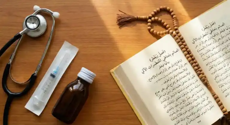 Peralatan medis seperti stetoskop, suntikan, dan obat botol di samping kitab kuning terbuka dengan tasbih di atas meja kayu.