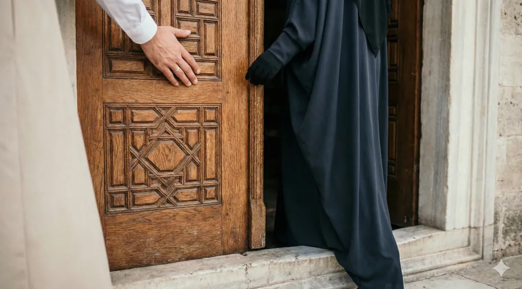 A close-up of a man's hand respectfully holding open a heavy wooden mosque door for a woman in a dark abaya to enter, symbolizing the necessity of a husband's permission.