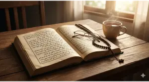 Shafi'i School of Jurisprudence: The Complete Guide to Islamic Law, Prayers, and Tasawuf 3 An open classic manuscript on a table with a warm cup of tea and prayer beads in the morning, symbolizing the study of gratitude.