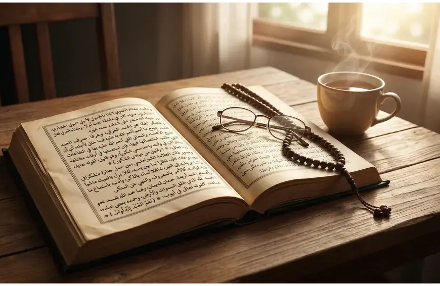 An open classic manuscript on a table with a warm cup of tea and prayer beads in the morning, symbolizing the study of gratitude.