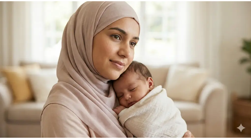 Ibu muslimah berhijab menggendong bayi yang tidur dengan tenang, ilustrasi penerapan fiqih yang membawa kemudahan.