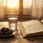 Still life of Ajwa dates, a clear glass of water, and an open Arabic manuscript with a wooden tasbih on a rustic table during the sunset golden hour.