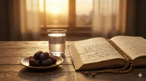 Home 29 Still life of Ajwa dates, a clear glass of water, and an open Arabic manuscript with a wooden tasbih on a rustic table during the sunset golden hour.