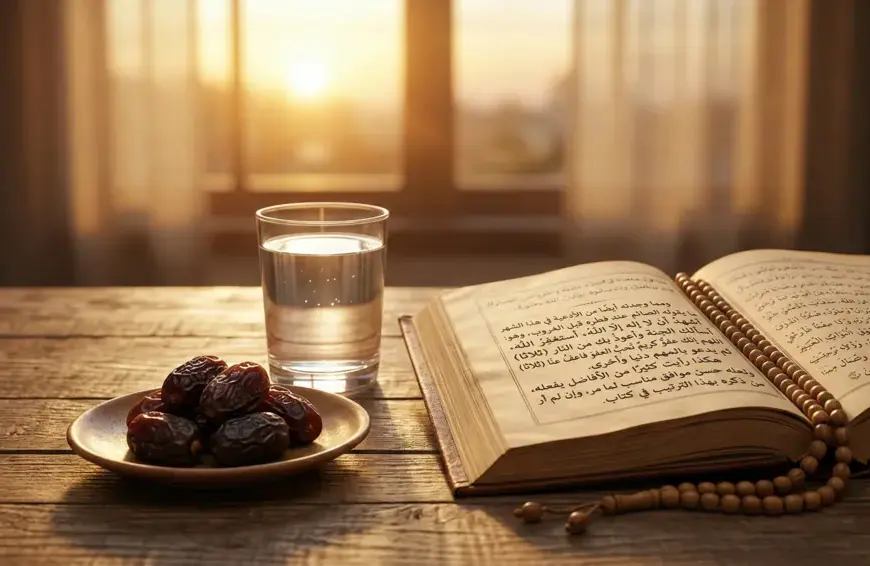 Home 31 Still life of Ajwa dates, a clear glass of water, and an open Arabic manuscript with a wooden tasbih on a rustic table during the sunset golden hour.