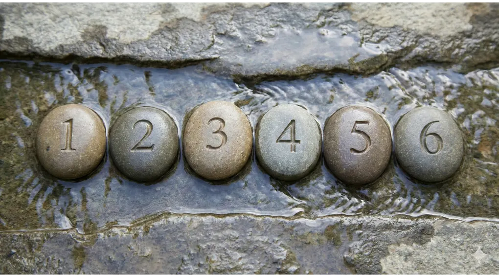Farḍ al-Wuḍūʾ: The 6 Essential Pillars for Valid Worship We Must Understand 7 Conceptual illustration of six numbered river stones (1 to 6) with water flowing over them sequentially, symbolizing the pillar of order (tartib) in wudhu.