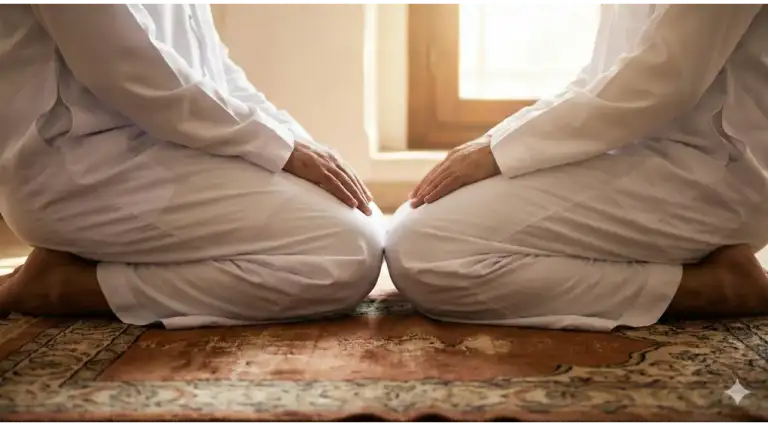 An illustration depicting the close knee-to-knee seating arrangement between a scholar and student during traditional talaqqi, imitating the manners of the Angel Jibril.