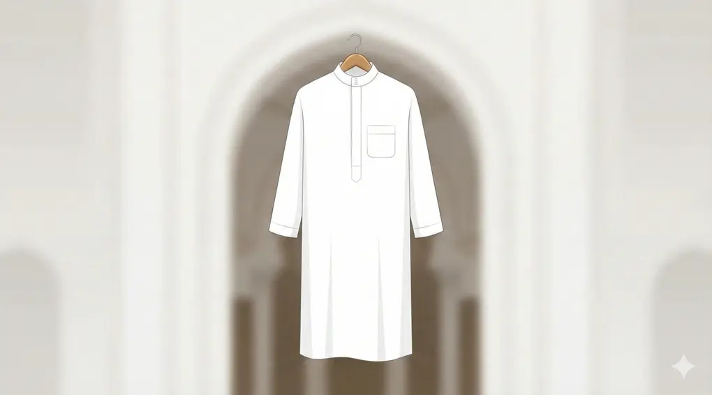 Hadits Jibril: Memahami 3 Tingkatan Agama (Islam, Iman, Ihsan) dan Tanda Kiamat Menurut Syarah Al-Fath Al-Mubin 2 Ilustrasi vektor minimalis jubah putih bersih yang tergantung rapi dengan latar belakang lengkungan masjid yang buram, melambangkan adab dan kesucian.