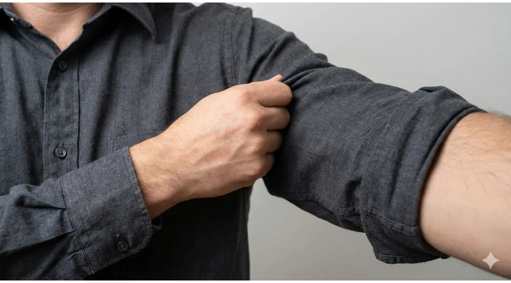 Close-up tangan kanan seseorang sedang menarik lengan kemeja kiri untuk dilepaskan terlebih dahulu sebagai bentuk adab melepas pakaian dalam Islam.