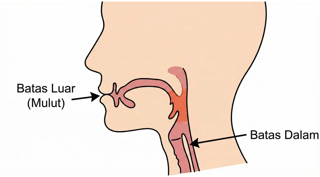 Hukum Menelan Ludah, Dahak, dan Muntah Saat Puasa Menurut Kitab Asna al-Matalib 3 Diagram anatomi tenggorokan dan mulut manusia menunjukkan batas zhahir (luar) dan batin (dalam) untuk hukum dahak.