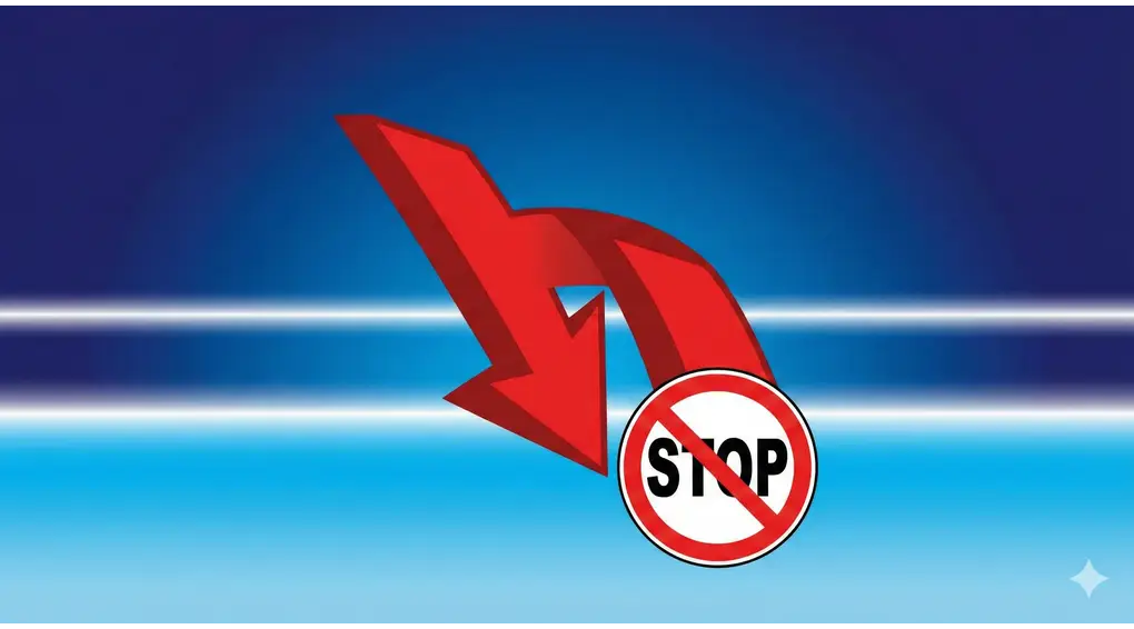 Ilustrasi garis cakrawala fajar yang memisahkan langit gelap dan terang, dengan panah merah besar menunjuk ke bawah dan simbol STOP, menunjukkan batas waktu sahur dan jimak.