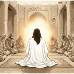 Ilustrasi sketsa berwarna sepia suasana majelis ilmu kuno di dalam masjid. Tampak belakang sosok misterius berjubah putih duduk menghadap sumber cahaya terang, dikelilingi oleh para sahabat yang duduk melingkar dengan sikap takzim dan penuh perhatian.
