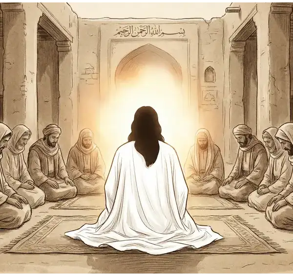 Home 3 Ilustrasi sketsa berwarna sepia suasana majelis ilmu kuno di dalam masjid. Tampak belakang sosok misterius berjubah putih duduk menghadap sumber cahaya terang, dikelilingi oleh para sahabat yang duduk melingkar dengan sikap takzim dan penuh perhatian.