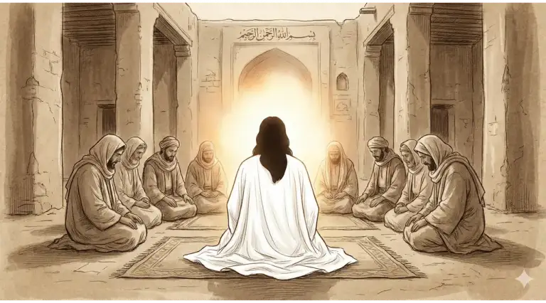 Home 1 Ilustrasi sketsa berwarna sepia suasana majelis ilmu kuno di dalam masjid. Tampak belakang sosok misterius berjubah putih duduk menghadap sumber cahaya terang, dikelilingi oleh para sahabat yang duduk melingkar dengan sikap takzim dan penuh perhatian.