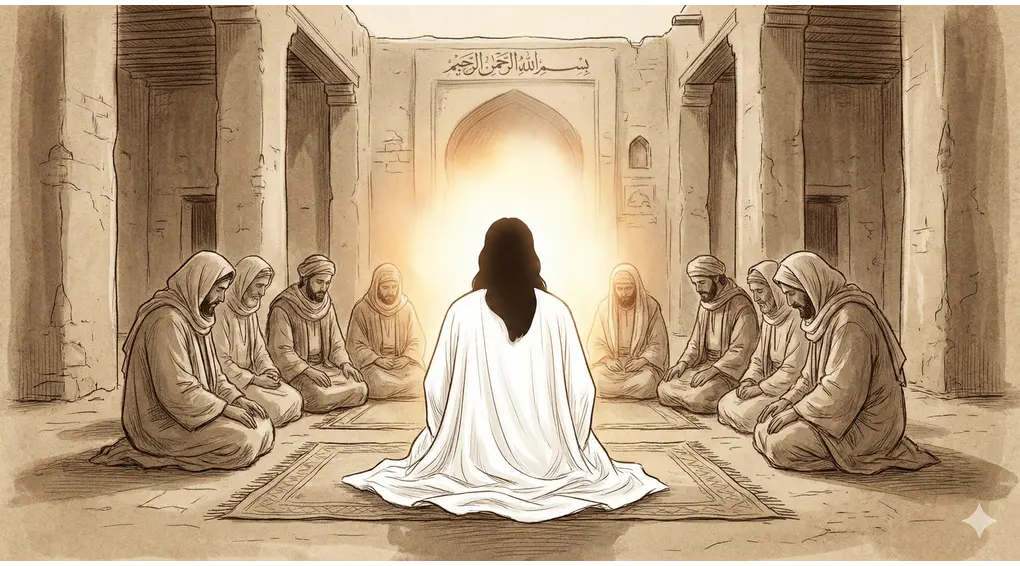 Ilustrasi sketsa berwarna sepia suasana majelis ilmu kuno di dalam masjid. Tampak belakang sosok misterius berjubah putih duduk menghadap sumber cahaya terang, dikelilingi oleh para sahabat yang duduk melingkar dengan sikap takzim dan penuh perhatian.