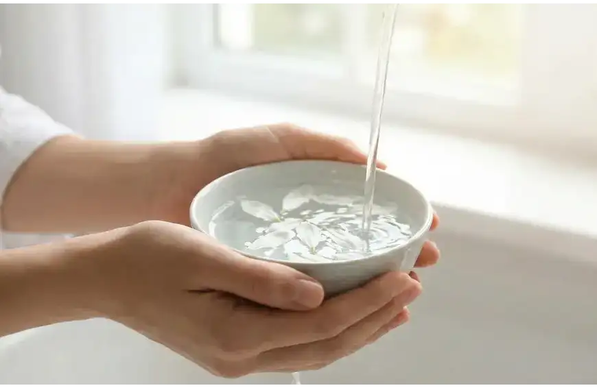 Home 41 A person's hands holding a ceramic bowl filled with clear water and floating white flower petals, under a gentle stream from a faucet and bright window light.