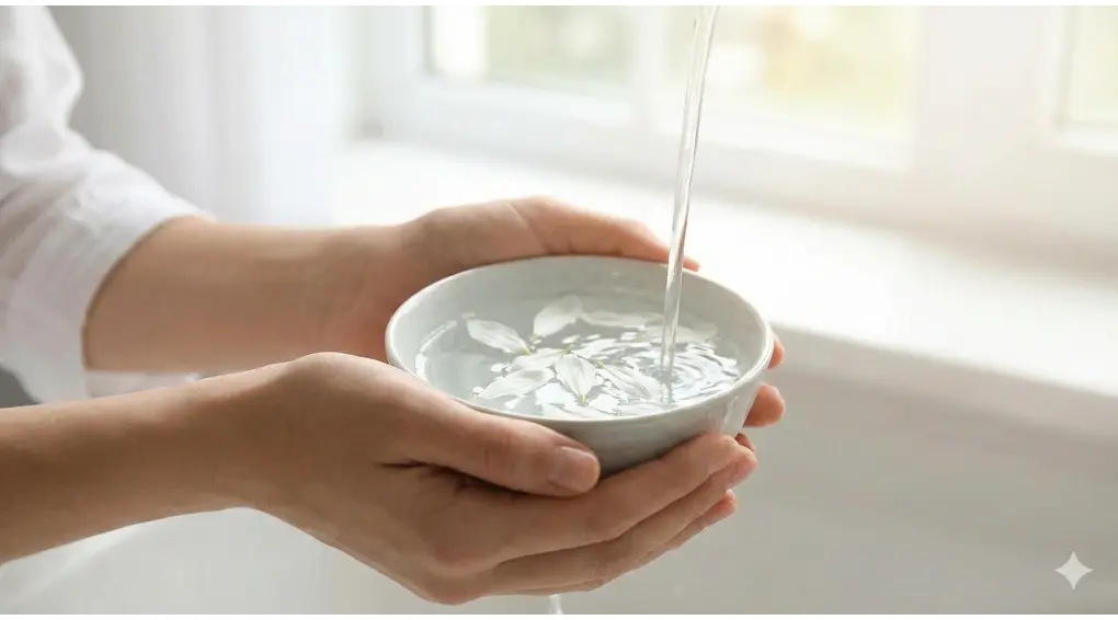 Complete Guide to Ghusl Janabah: Intention, Method, and Causes in Shafi'i Fiqh 1 A person's hands holding a ceramic bowl filled with clear water and floating white flower petals, under a gentle stream from a faucet and bright window light.