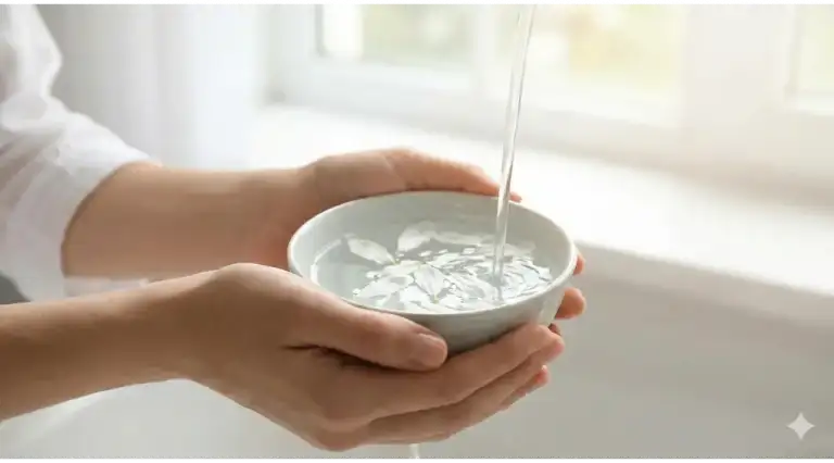 Home 13 Tangan seseorang memegang mangkuk keramik berisi air jernih dengan kelopak bunga putih mengapung, di bawah aliran air kran yang lembut dan cahaya jendela yang terang.