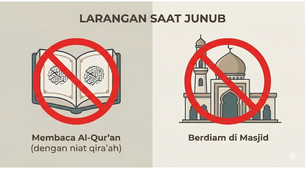 Panduan Lengkap Mandi Wajib (Junub): Niat, Tata Cara, dan Penyebabnya Menurut Madzhab Syafi'i 4 Ilustrasi dua panel dengan tanda larangan merah besar. Panel kiri: Al-Qur'an (dilarang membaca dengan niat qira'ah). Panel kanan: Masjid (dilarang berdiam diri).