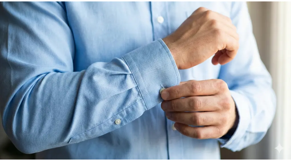 Close-up tangan kanan seseorang sedang mengancingkan manset lengan kemeja kanan, ilustrasi sunnah mendahulukan kanan saat berpakaian.