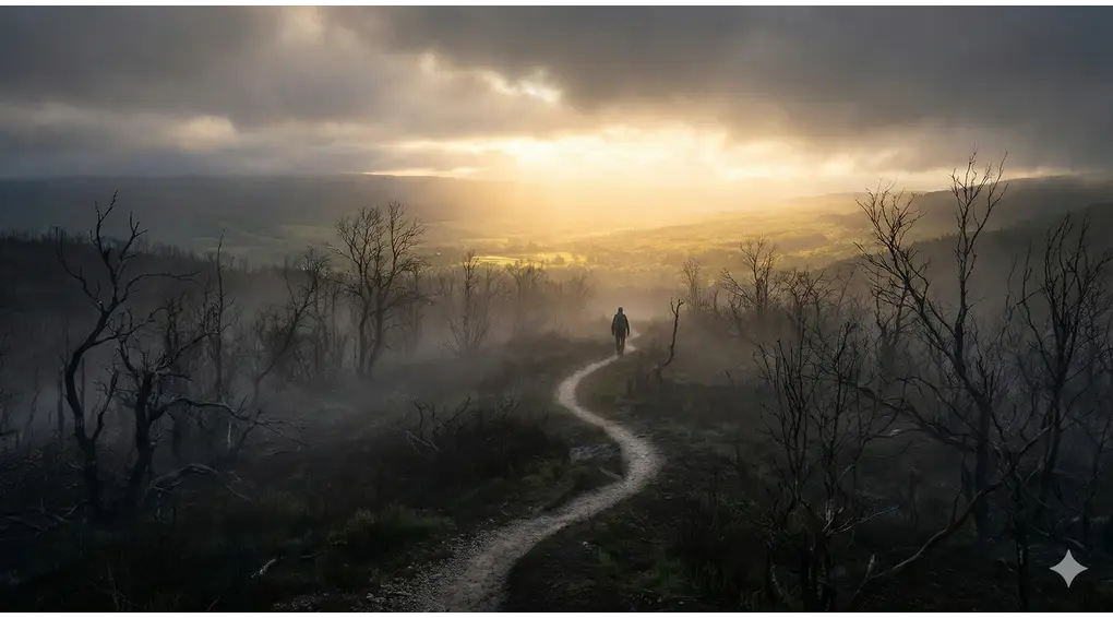 Ilustrasi metaforis jalan setapak dari area gelap menuju cahaya terang, menggambarkan perjalanan spiritual (suluk) dan hijrah meninggalkan lingkungan buruk.