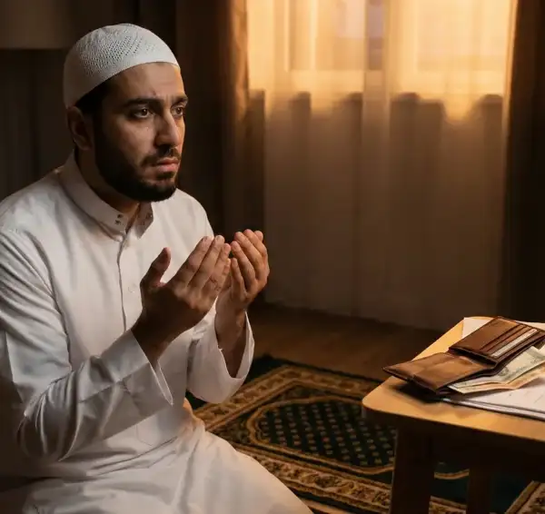 Home 3 An illustration of a Muslim man sitting on a prayer mat, looking pensive as he reflects on his unfulfilled obligations regarding the rights of others (Haqq al-Adami), with an open wallet lying beside him.