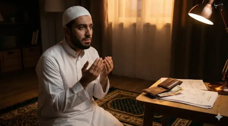 An illustration of a Muslim man sitting on a prayer mat, looking pensive as he reflects on his unfulfilled obligations regarding the rights of others (Haqq al-Adami), with an open wallet lying beside him.