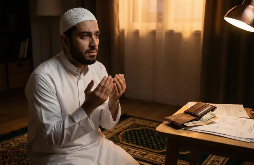 Home 9 An illustration of a Muslim man sitting on a prayer mat, looking pensive as he reflects on his unfulfilled obligations regarding the rights of others (Haqq al-Adami), with an open wallet lying beside him.