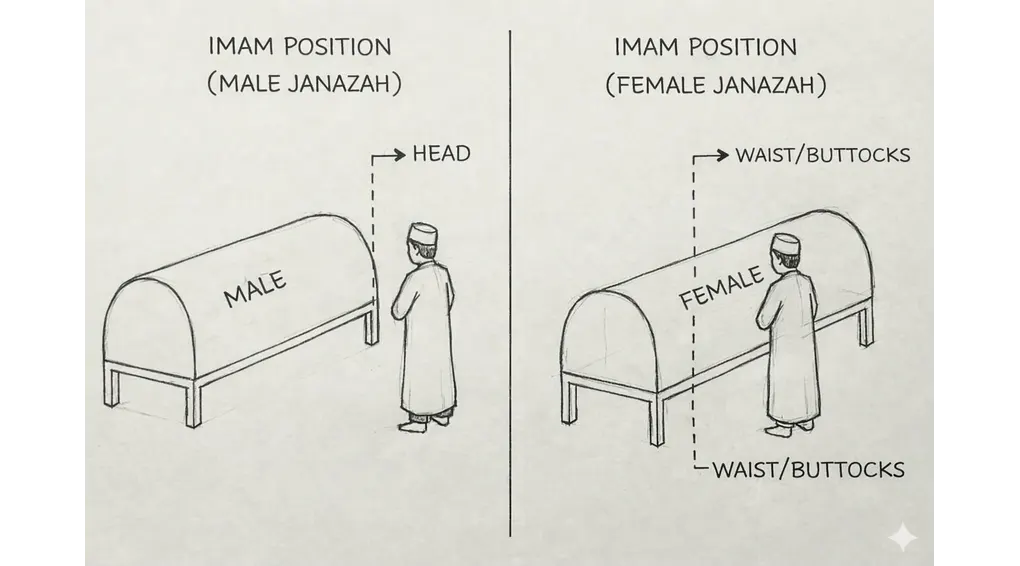 The Complete Guide to Islamic Funeral Rites (Tajhiz al-Janazah) According to Shafi'i Fiqh 5 Diagram showing the imam's position during Islamic funeral prayer for male and female deceased.