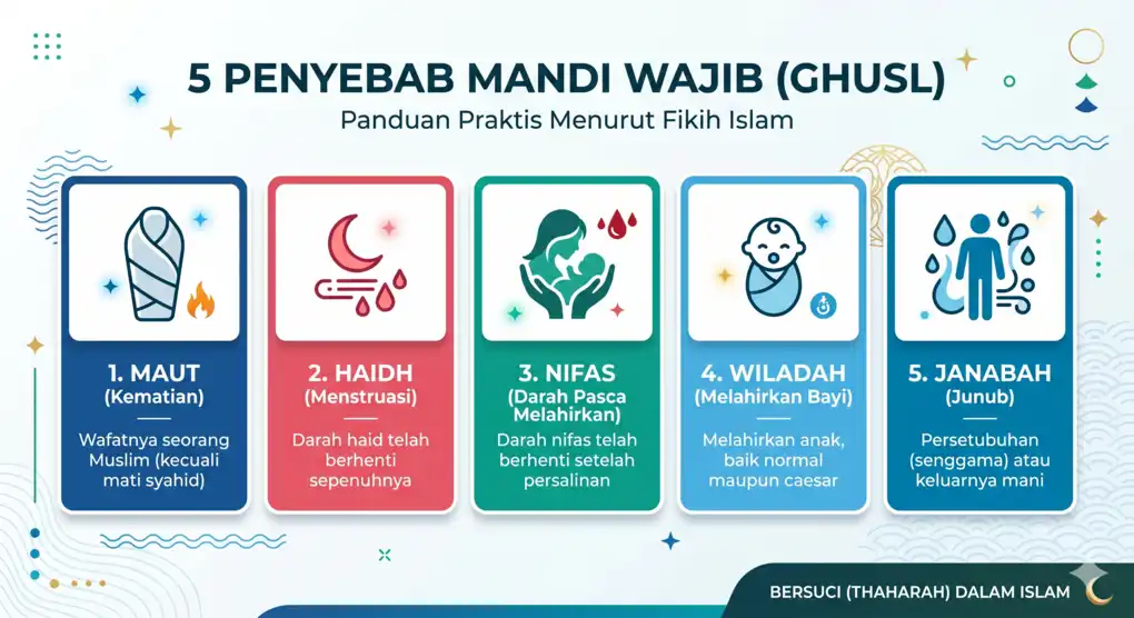 Infografis 5 penyebab mandi wajib menurut fikih Islam termasuk maut, haidh, nifas, wiladah, dan janabah.