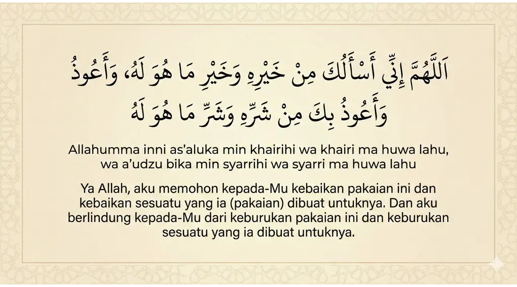 Gambar grafik berisi teks Arab, transliterasi latin, dan terjemahan doa memakai pakaian sehari-hari sesuai referensi kitab Al-Adhkar.