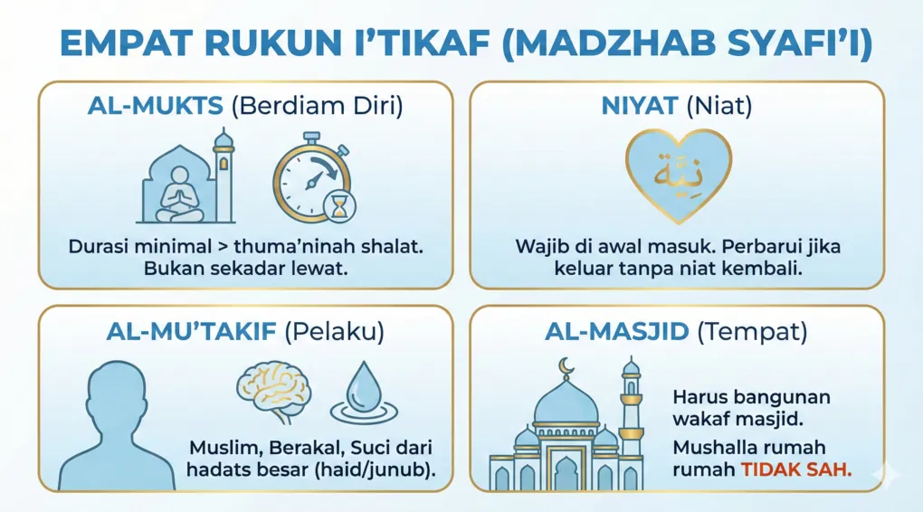 Syarat Sah dan Rukun I'tikaf Secara Rinci Menurut Fiqih Syafi'i 2 Infografis yang menjelaskan empat rukun utama i'tikaf menurut fiqih madzhab Syafi'i: 1. Al-Mukts (berdiam diri dengan batas minimal), 2. Niyat (aturan niat di awal), 3. Al-Mu'takif (syarat pelaku), dan 4. Al-Masjid (syarat tempat pelaksanaan).