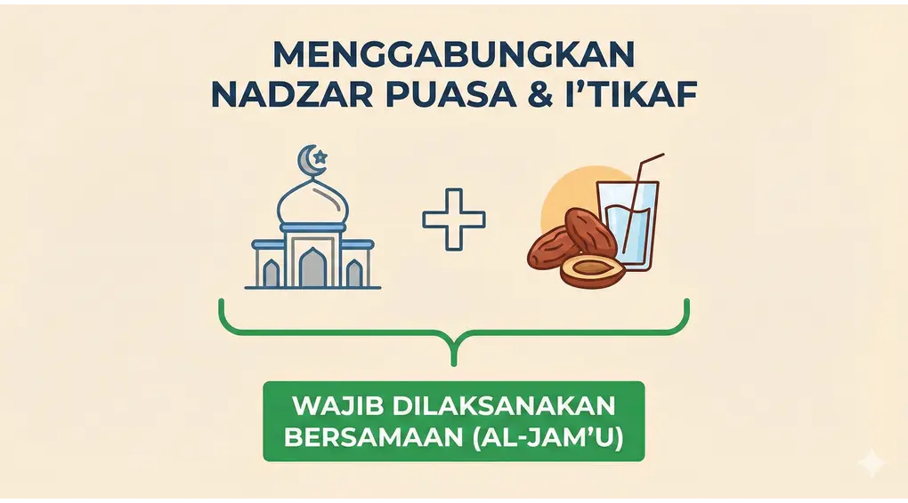 Hukum I'tikaf Nadzar dan Aturan Tatabbu' (Berturut-turut) Menurut Fiqih Syafi'i 2 Infografis pendidikan yang menunjukkan ikon masjid ditambah ikon kurma dan air minum, menjelaskan hukum wajibnya menggabungkan pelaksanaan nadzar puasa dan i'tikaf jika dilafadzkan bersamaan.