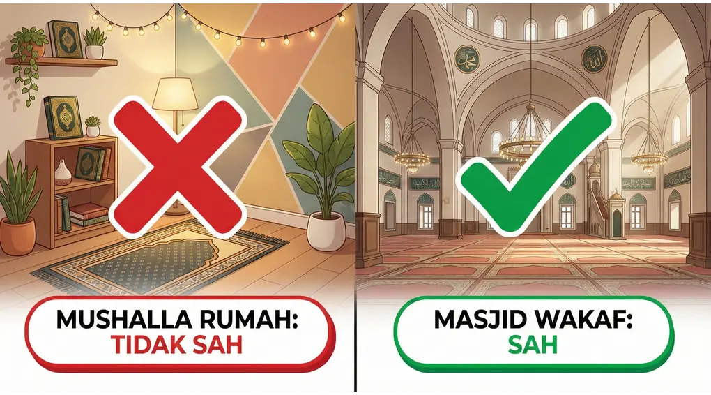 Syarat dan Hukum I'tikaf Wanita Menurut Fiqih Syafi'i (Panduan Lengkap) 3 Ilustrasi infografis perbandingan hukum i'tikaf wanita: gambar mushalla di rumah diberi tanda silang merah (tidak sah), sedangkan gambar masjid wakaf diberi tanda centang hijau (sah) menurut fiqih Syafi'i.