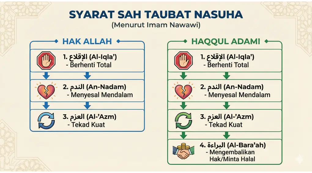 Infografis diagram alur yang menjelaskan rincian syarat sah taubat untuk dosa hak Allah dan haqqul adami menurut fiqih Imam Nawawi.