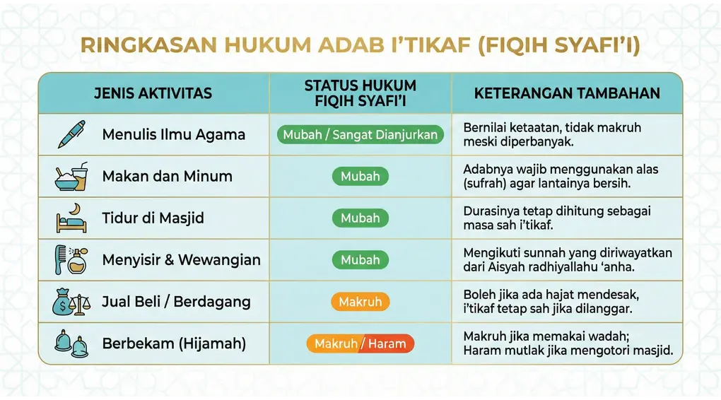 Adab I'tikaf: Hal-Hal yang Diperbolehkan dan Dimakruhkan di Masjid 4 Infografis tabel berjudul "RINGKASAN HUKUM ADAB I'TIKAF (FIQIH SYAFI'I)". Tabel ini mengklasifikasikan aktivitas seperti menulis, makan, tidur, menyisir, jual beli, dan berbekam ke dalam status hukum Mubah, Makruh, atau Haram beserta keterangan tambahannya.