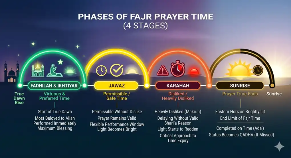 A visual guide and infographic explaining the 4 stages of Fajr prayer time according to the Shafi'i madhhab, including fadhilah, ikhtiar, jawaz, and the heavily disliked (karahah) time just before sunrise.