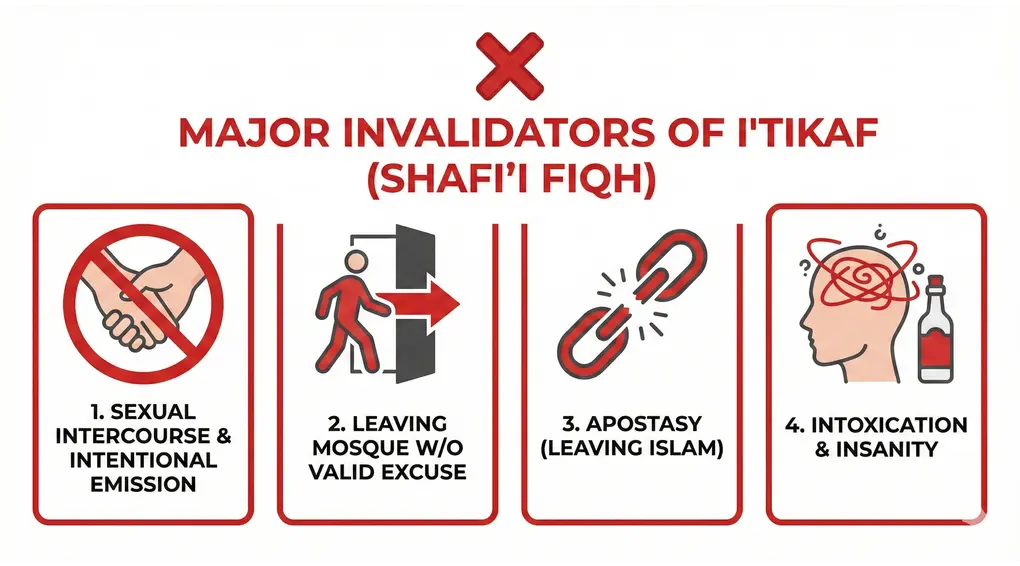 Invalidators of I'tikaf and Rulings on Leaving the Mosque (Shafi'i Fiqh) 2 An infographic listing the four major invalidators of I'tikaf according to Shafi'i Fiqh: Sexual Intercourse/Emission, Leaving without Excuse, Apostasy, and Intoxication/Insanity, marked with red prohibition icons.