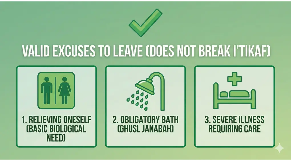 Invalidators of I'tikaf and Rulings on Leaving the Mosque (Shafi'i Fiqh) 3 An infographic detailing valid Sharia excuses for leaving the mosque during I'tikaf that do not break continuity: relieving oneself, obligatory bath (ghusl), and severe illness.