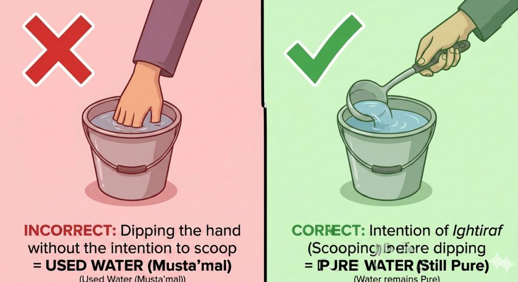 Musta'mal Water in Islam: Intention, Children, and the "Ightiraf" Dilemma 2 A side-by-side comparison showing the correct and incorrect way to take water from a bucket for wudhu using the intention of Ightiraf.