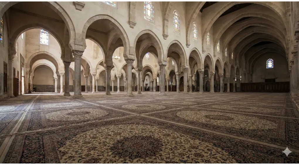 Interior masjid klasik yang hening, luas, dan bersih, melambangkan syarat tempat sahnya ibadah i'tikaf.
