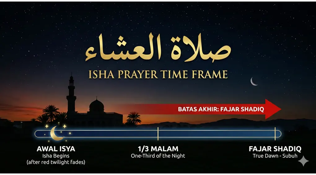 A horizontal timeline of Isha prayer times showing Isha beginning after sunset, the one-third mark of the night, and ending at Fajar Shadiq (True Dawn) under a starry night sky.