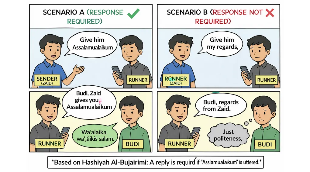The Fiqh of Salam: Rulings on Saying, Replying, and the Rules of Engagement on WhatsApp 3 Educational comic showing the difference between a direct salam message and a casual greeting delivered through another person.
