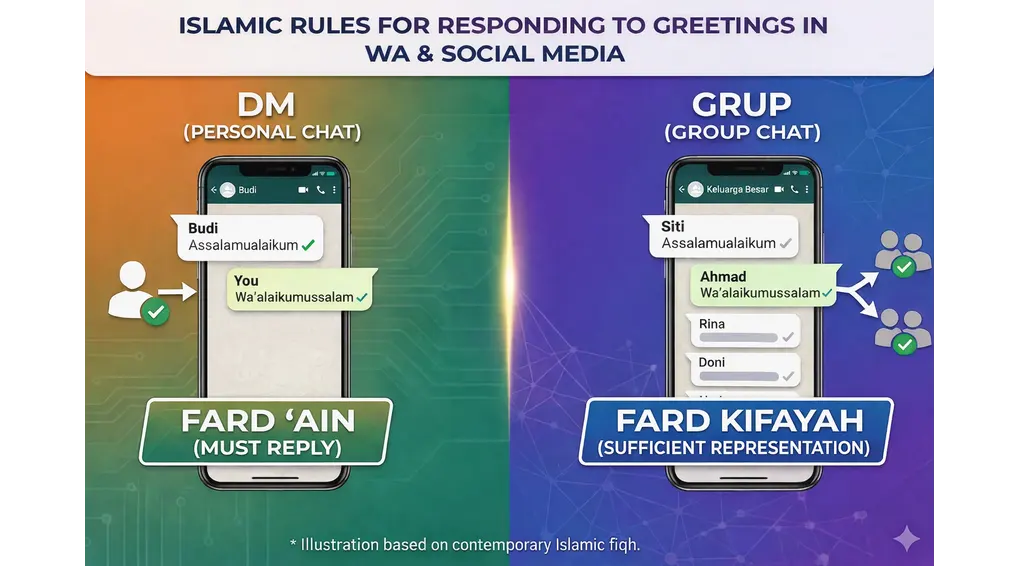 The Fiqh of Salam: Rulings on Saying, Replying, and the Rules of Engagement on WhatsApp 2 Infographic explaining the Islamic ruling on replying to salam in direct messages (DM) versus group chats on social media.