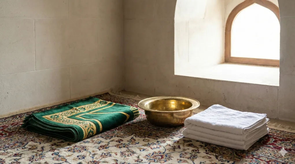 A still life in a mosque corner featuring a prayer mat, a polished brass basin, and a stack of clean white towels, representing extra cleanliness measures for istihadhah.